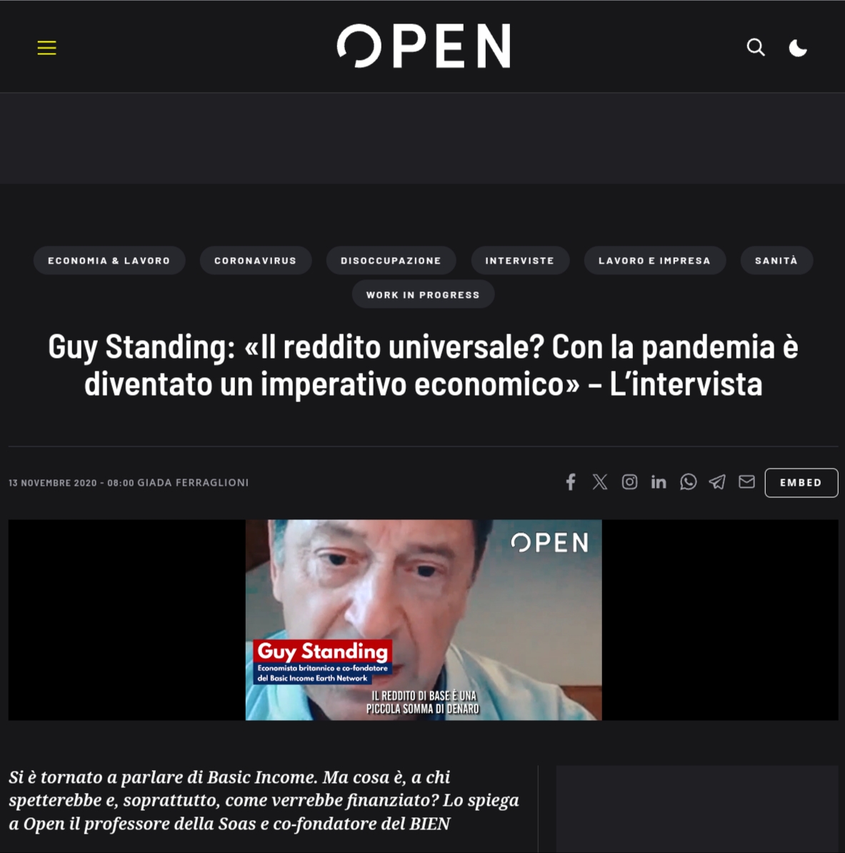 Guy Standing: «Il reddito universale? Un imperativo economico» – L’intervista